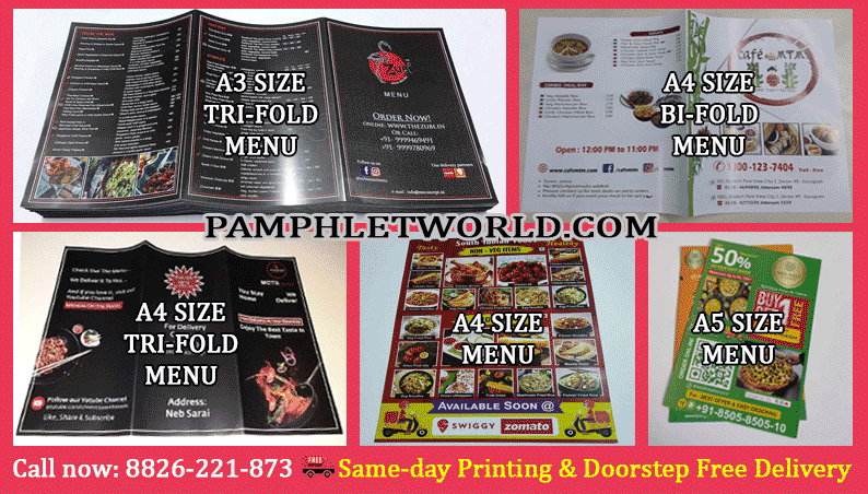 Menu Card Printing Services (Same-day print & free delivery) in Delhi, Gurugram, Noida, Greater Noida, Ghaziabad, Faridabad, Bahadurgarh, Manesar | Call now: 882 622 1873